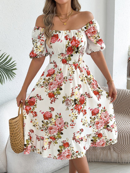 Spring Summer Floral Off Shoulder Short-Sleeved Ruffle A Line Holiday Dress