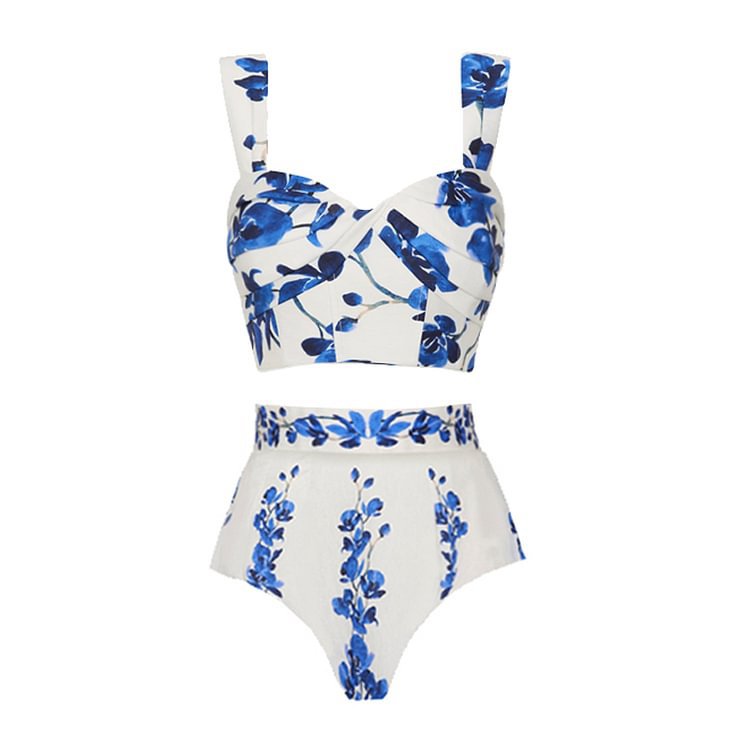 Printed High Grade High Waist Split Swimsuit Women Set Dress Bikini