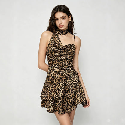 Leopard Print Halter Dress Backless Waist Trimming Ruffled Sexy Small Slim Dress