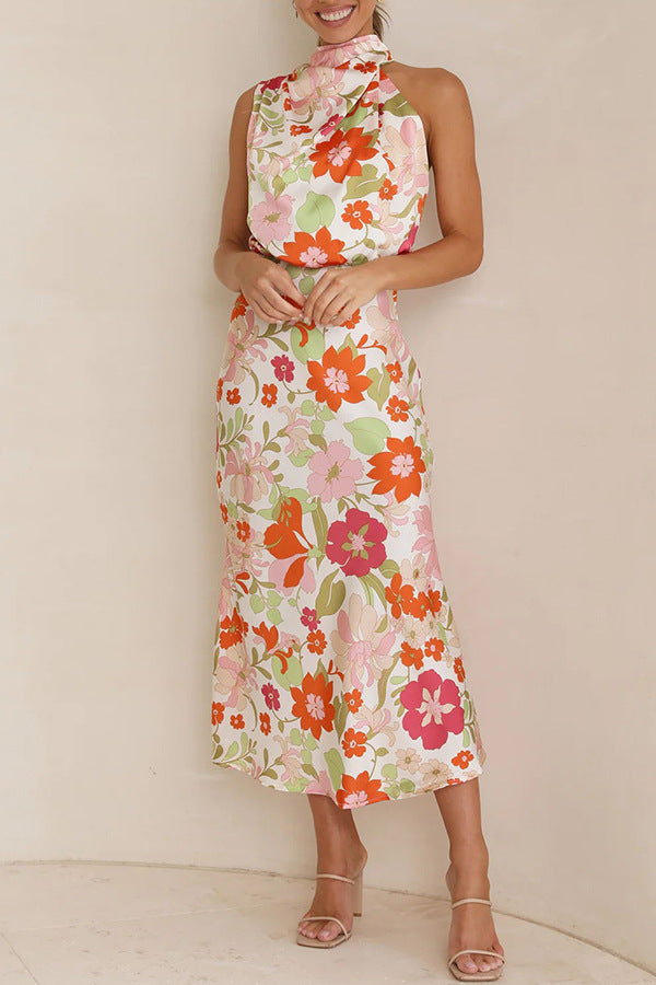 Mature Elegant Women Sleeveless Strap Printing Satin Dress