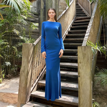 Lace up Stitched Backless Sexy Long Sleeved Dress Women Vacation Elegant Pure Maxi Dress