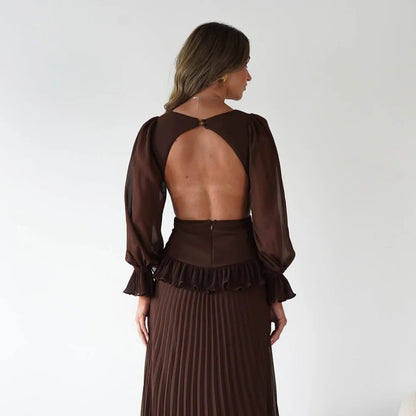 Women Long Sleeve Pleated Waist Tight Backless Dress