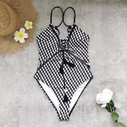 Deep V Plunge Strap One Piece Swimsuit for Women Plaid Printed