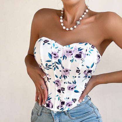 Sexy Low Cut Backless Floral Wrapped Chest Rhombus Boning Corset Waist Vest