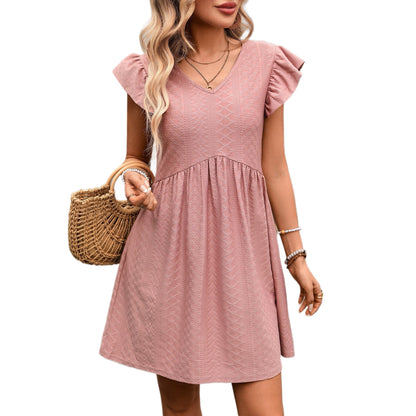 Summer Women Clothing V neck Ruffle Slimming Short Sleeve Large Swing Elegant Dress
