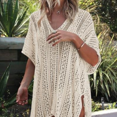Vacation Swimsuit Hollow Out Cutout out V neck Loose Beach Cover Up Knitted Beach Sun Protection Clothing Dress