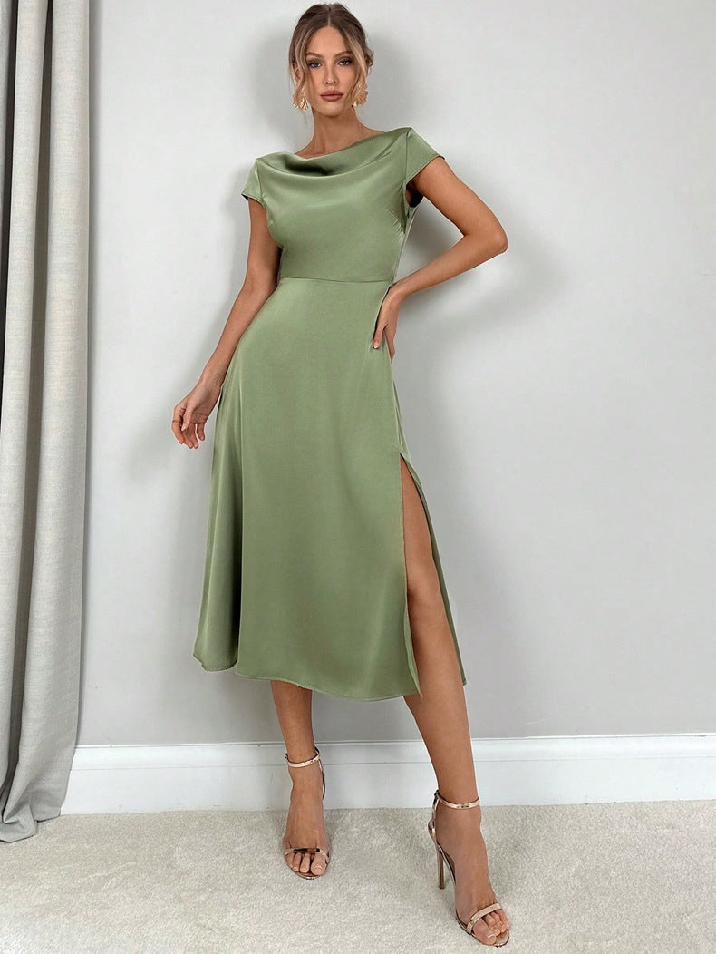 Women Clothing High Grade Summer Split Artificial Silk Dress Satin Long Dress