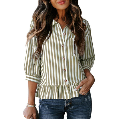Women Spring Summer Clothing Casual Button 3/4 Sleeve Office Striped Shirt