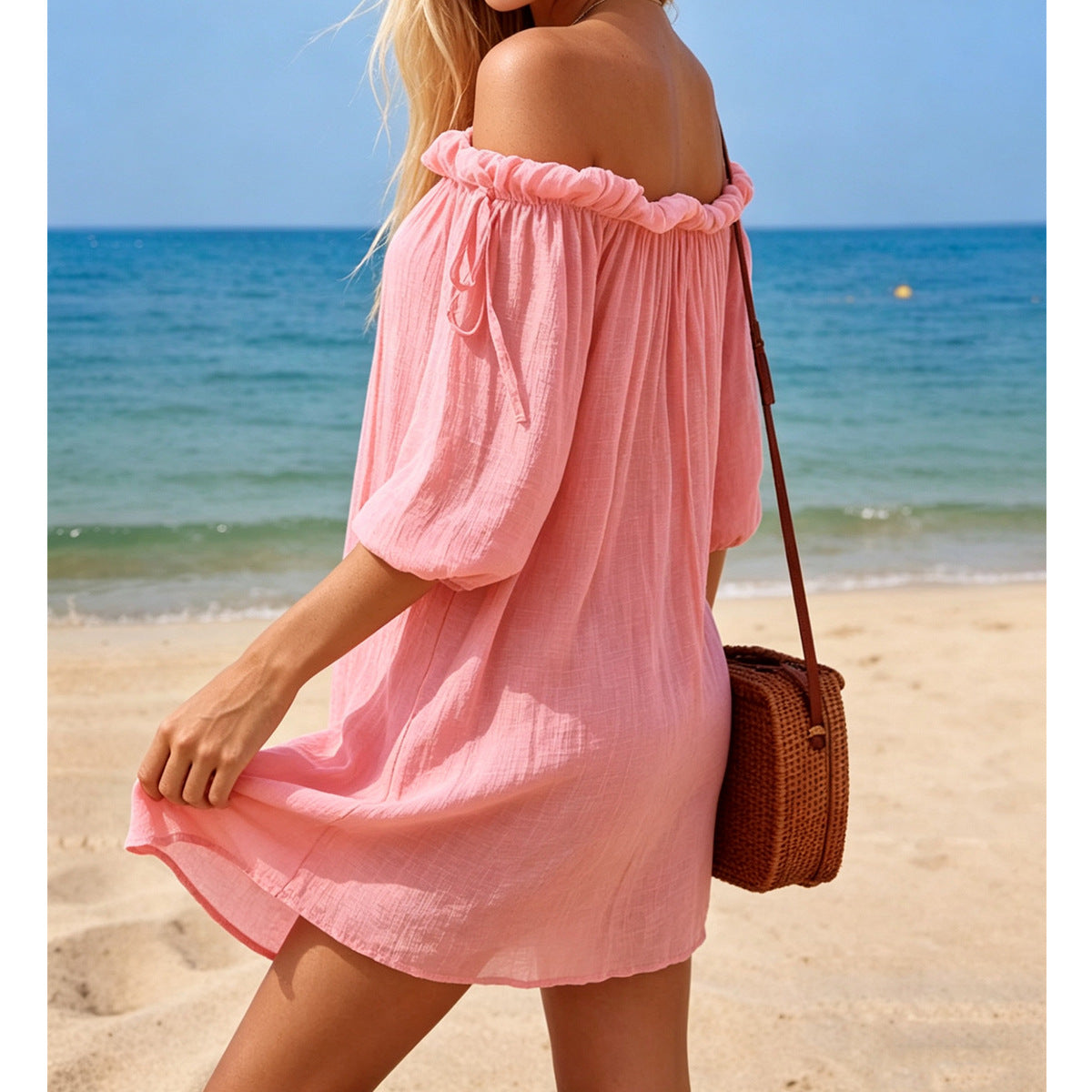 Summer off Shoulder Dress Loose Cotton Wrinkle Beach Cover up Seaside Vacation Half Sleeve Short Dress for Women