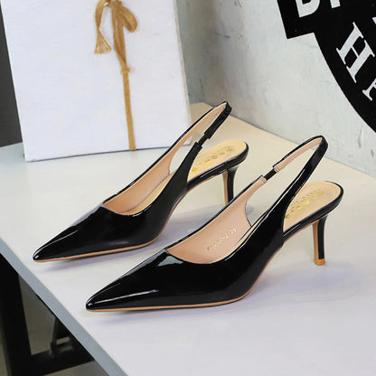 Pointed Toe Shallow Mouth Stiletto Heel Adult Lady like Woman Elegant Sexy Closed Toe High Heel Sandals Back Empty Back Strap