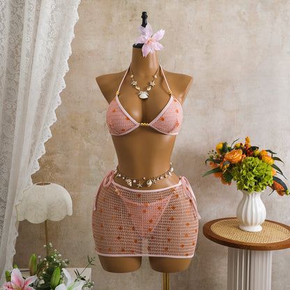 Retro Mesh Sequ Bikini Three Piece Swimsuit Swimwear Bikini