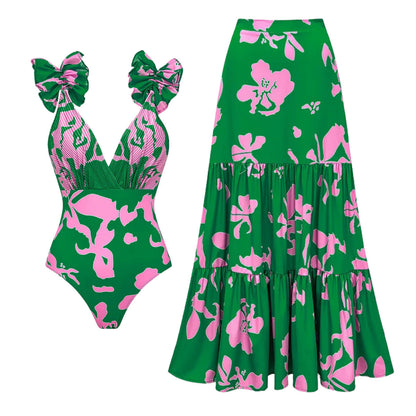 V neck Pleated Print Vacation Swimsuit Women Set