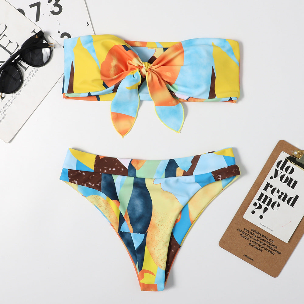 Print Tie Dye Sexy Tube Top Bikini Swimsuit Women Slim Fit Two Piece Suit Split