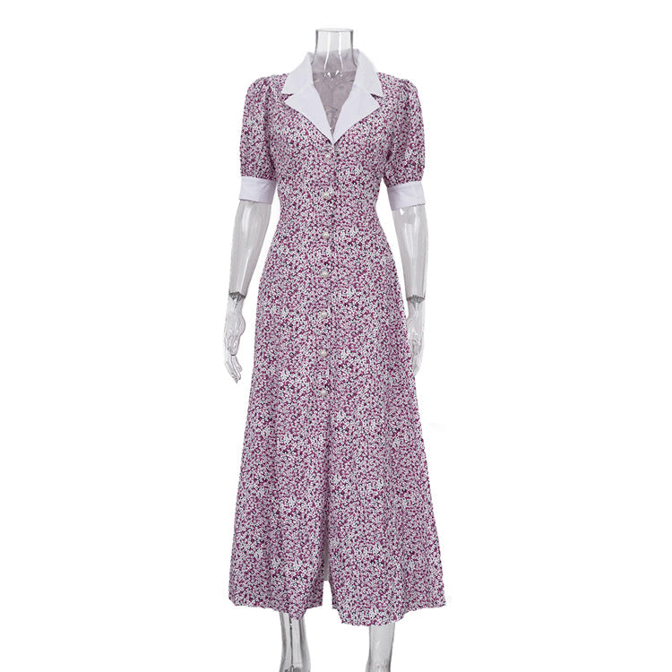 Elegant Floral Dress Summer Polo Collar Short Sleeve High Waist Print A line Dress for Women