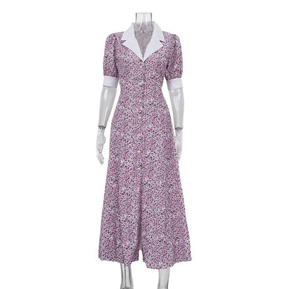 Elegant Floral Dress Summer Polo Collar Short Sleeve High Waist Print A line Dress for Women