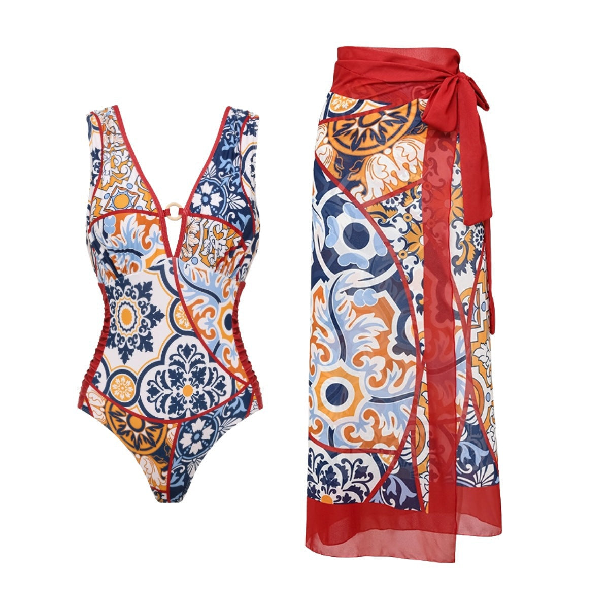 Swimsuit V neck Pattern Printed One Piece Swimsuit Women Wrap Skirt
