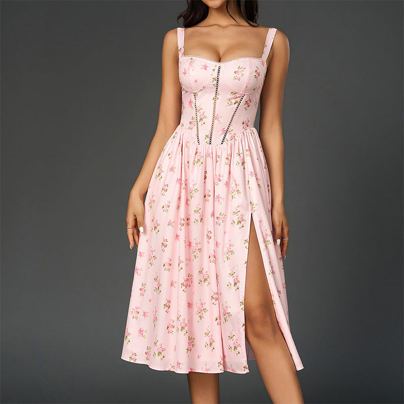 Cami Dress Sexy Printed High Slit Backless Pile Collar Maxi Dress