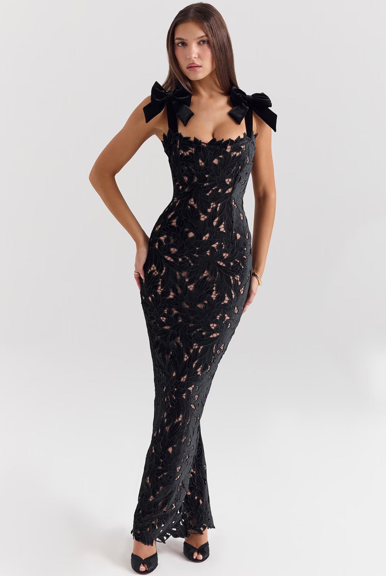 Spring Summer Entry Lux Bow High Sense Embroidered Hollow Out Cutout Sheath Dress
