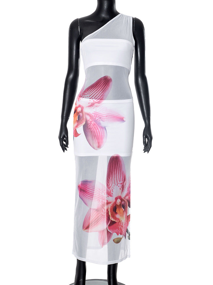 Women Clothing Sheath Shoulder Orchid Printing Lining Tube Top Short Dress Maxi Dress