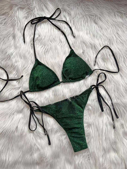 Flash Bikini Halter Lace up Split Swimsuit Sexy Backless Women Swimsuit