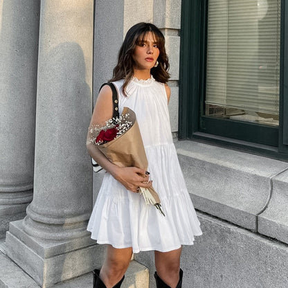 Spring Summer All Match White Elegant Dress round Neck Sexy Bow Lace up Elegant Loose Short Women Clothing