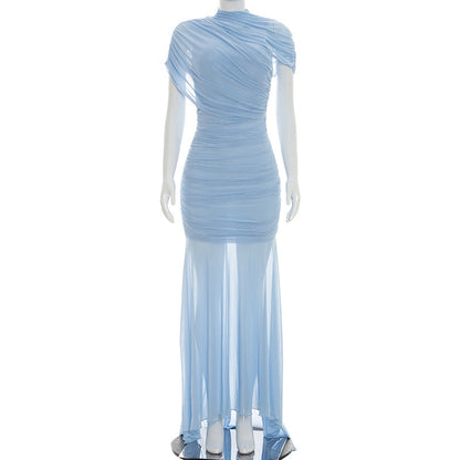 Women Clothing Summer Solid Color Mesh Stitching Short Sleeve Pleated Trailing Slim Fit Maxi Dress