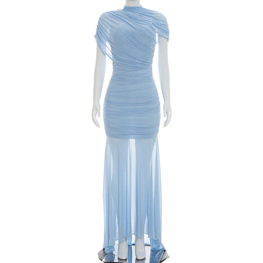 Women Clothing Summer Solid Color Mesh Stitching Short Sleeve Pleated Trailing Slim Fit Maxi Dress