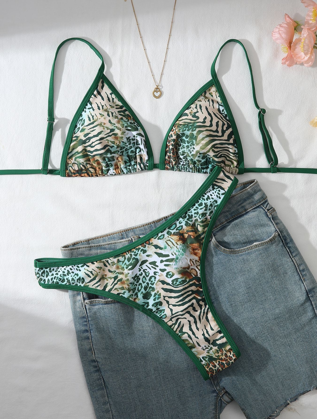 Green Leopard Print Sexy Bikini Slimming Two Piece Set Swimsuit