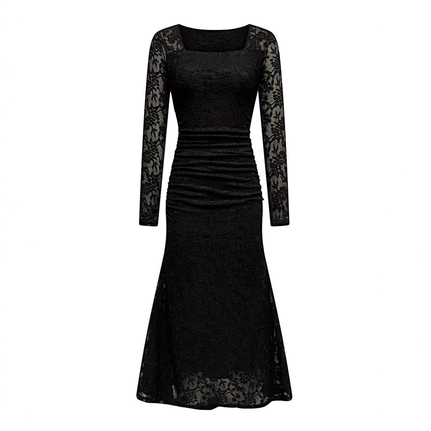 Autumn Winter Women Clothing Fashionable Elegant Lace Stitching Square Collar Slimming Pleated Maxi Dress