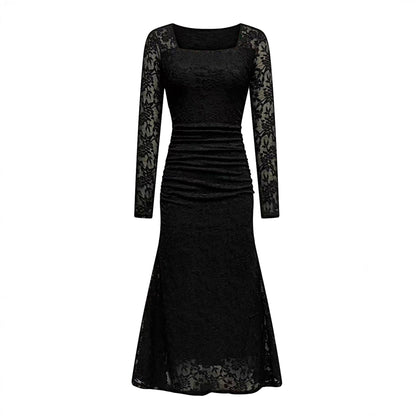 Autumn Winter Women Clothing Fashionable Elegant Lace Stitching Square Collar Slimming Pleated Maxi Dress