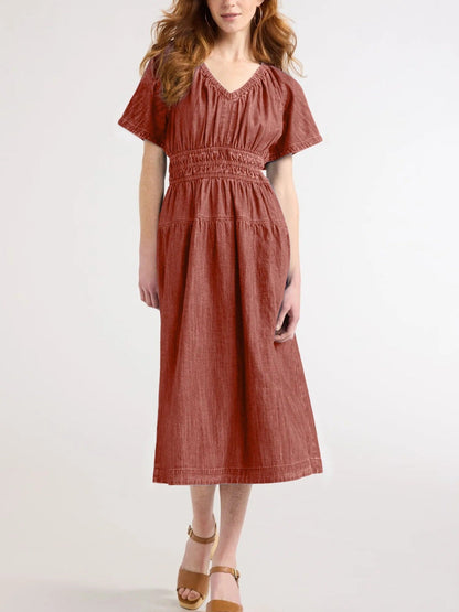 Summer Popular V neck Pleated Waist Tight Slimming Dress Dress