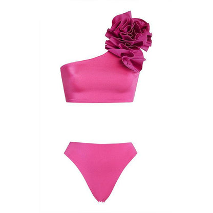 Solid Color Sexy One Shoulder Three Dimensional Floral Design Split Women Bikini Swimsuit