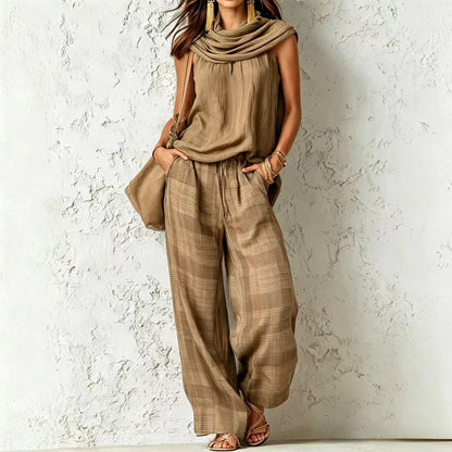 Women Retro Casual Sleeveless Top Plaid Pants Two Piece Sets