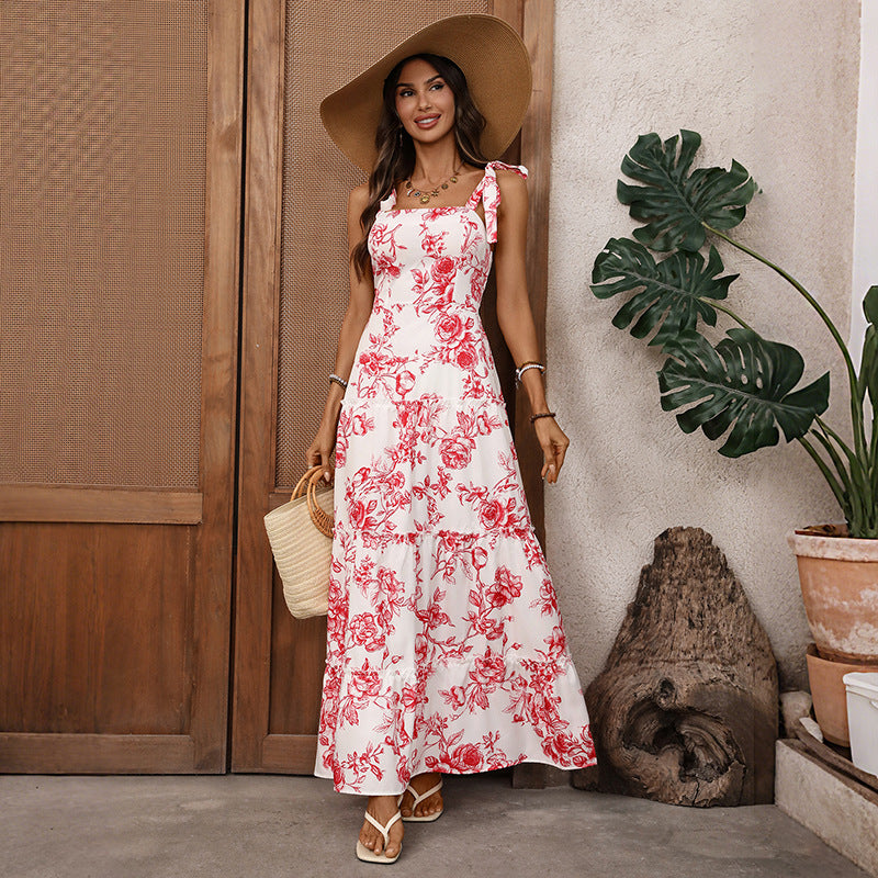 French Vacation Strap Retro Printed Large Swing Dress