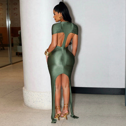 Women Clothing Summer Solid Color Sexy Short Sleeve Back Hollow Out Cutout Ribbon Pleated Slim Dress
