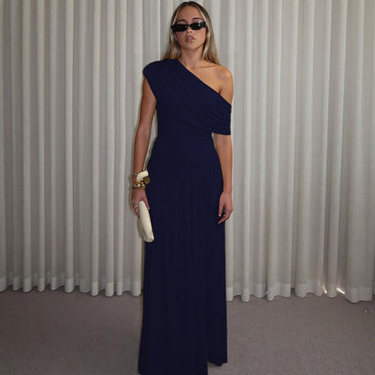 Women Clothing Spring Arrival Fashionable Sexy Diagonal Collar Pleated Asymmetrical Solid Color Dress