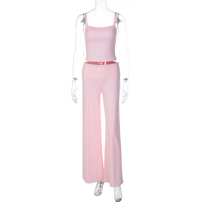 Women Clothing Summer off Neck Sling Small Tank Top High Waist Straight Pants Two Piece Sets