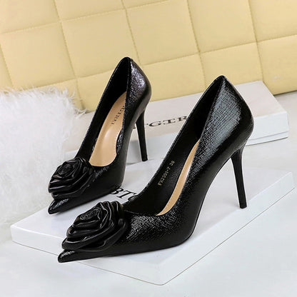 Cocktail High Heels Women Shoes Stiletto Heel Shallow Mouth Pointed Floral Rose Pumps