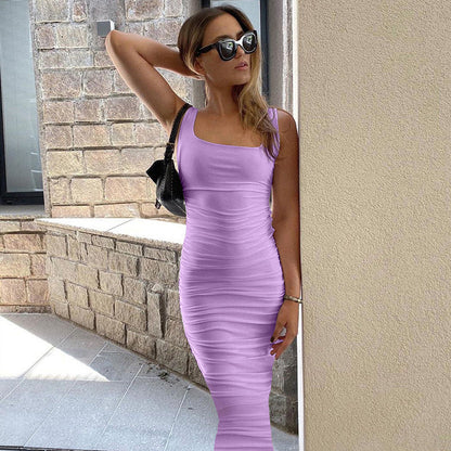 Summer Sexy Women Wear Solid Color Tight Backless Sleeveless Pleated Dress