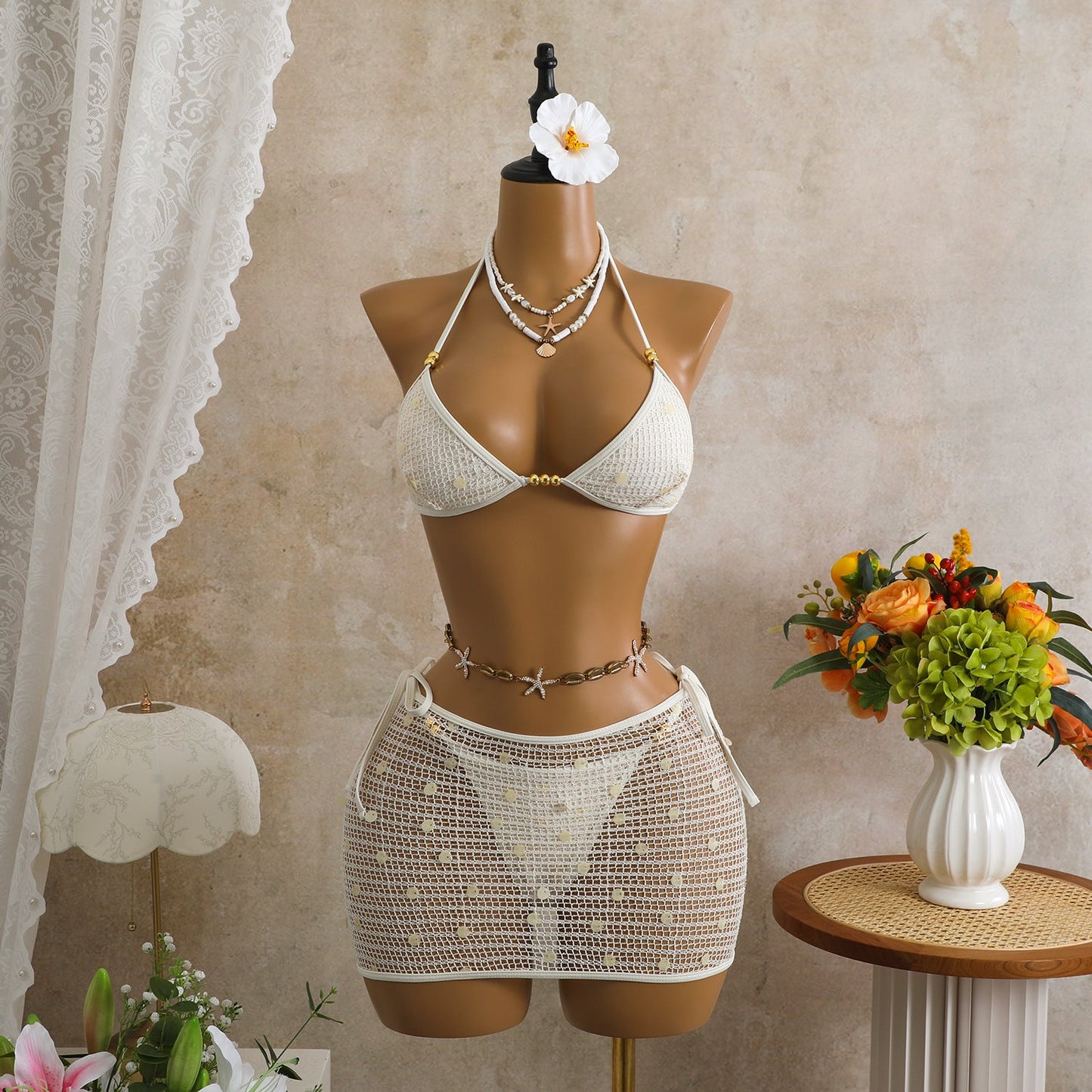Retro Mesh Sequ Bikini Three Piece Swimsuit Swimwear Bikini