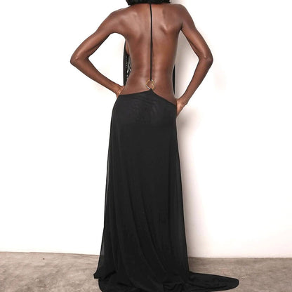 Women Spring Clothing V neck Halter Mesh Backless Sexy Solid Color Dress