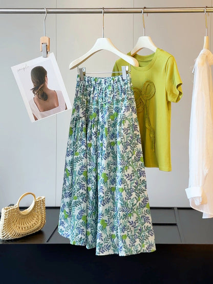 Plant Print Skirt Women Summer High Waist Slimming A line Unique Chic Maxi Skirt