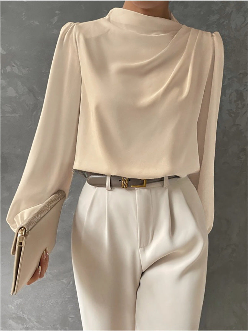 Solid Color Pleated Women Shirt Elegant Pullover Satin Top Office Long Sleeve Top