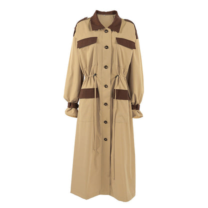 Retro Contrast Color Trench Coat Women Autumn Winter Tooling Casual All Match Khaki Collared Long Sleeve Long Cut Coat