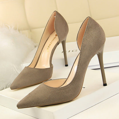 Simple Stiletto Heel Suede Shallow Mouth Pointed Toe Sexy Nightclubs Thinner Side Hollow Out Cutout Pumps