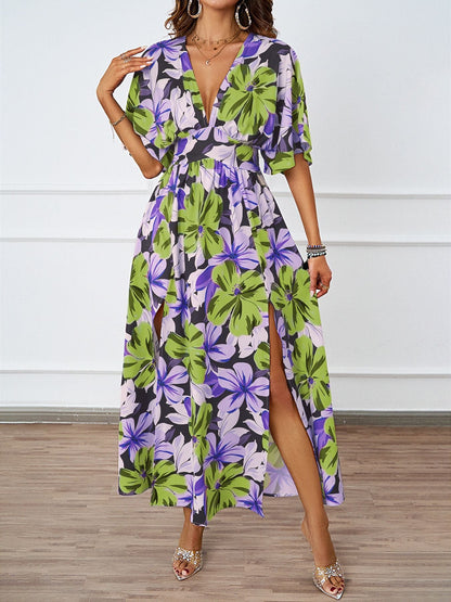 Summer Floral Print Maxi Dress Elastic Band Waist Tight Big V neck Short Sleeve Dress for Women