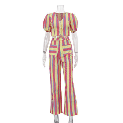 Women Clothing Striped Casual V neck Puff Sleeve Cardigan Top Trousers Two Piece Sets