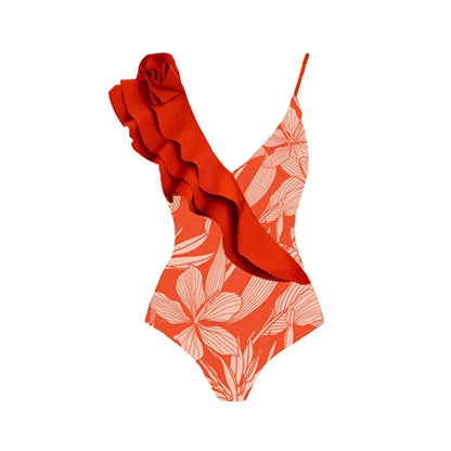 Printing European French Retro One Piece Women Swimwear Cover Belly Slimming Swimsuit