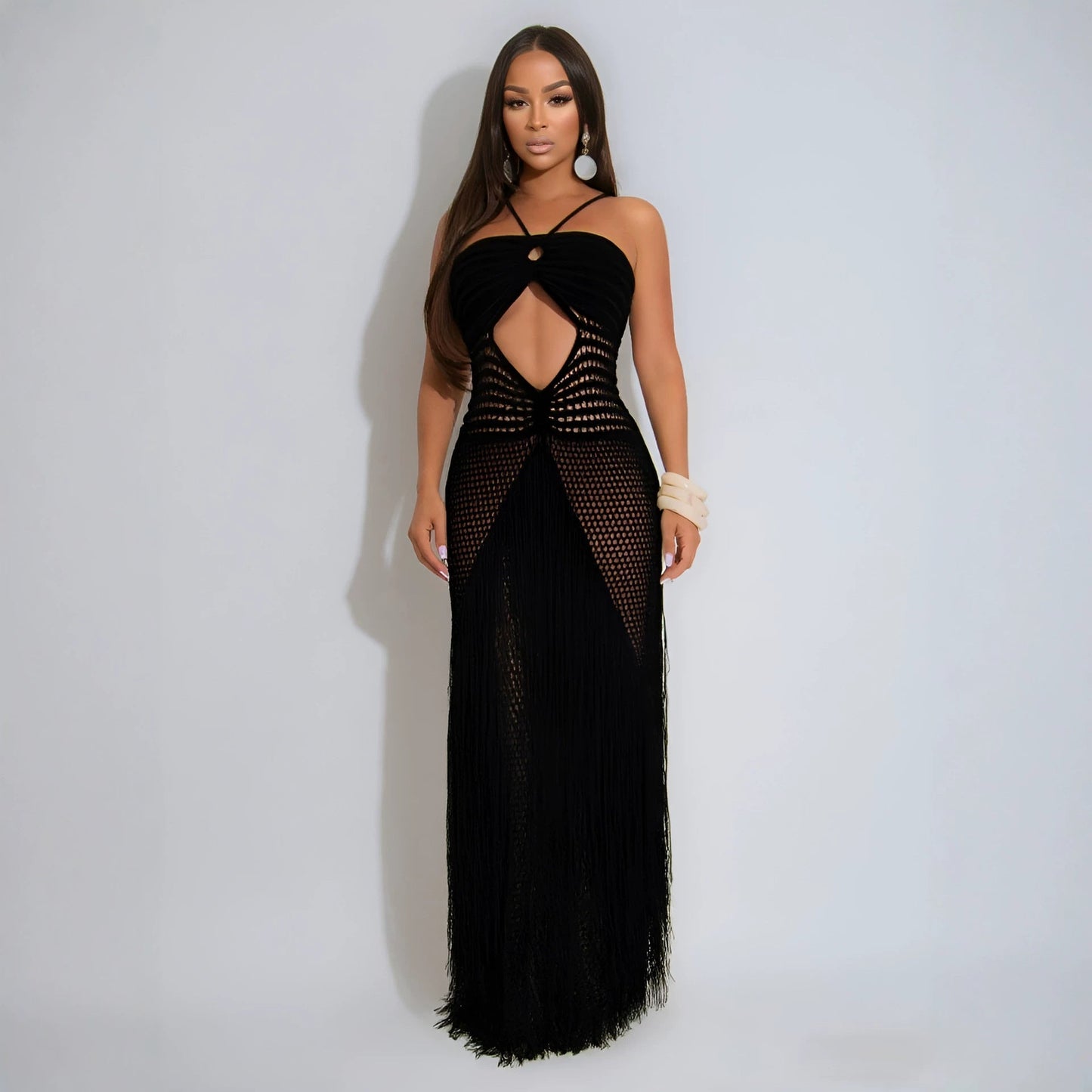 Hollow Out Cutout Bikini Cover Sexy Waist Drawstring Tassel Knitted Beach Dress for Women