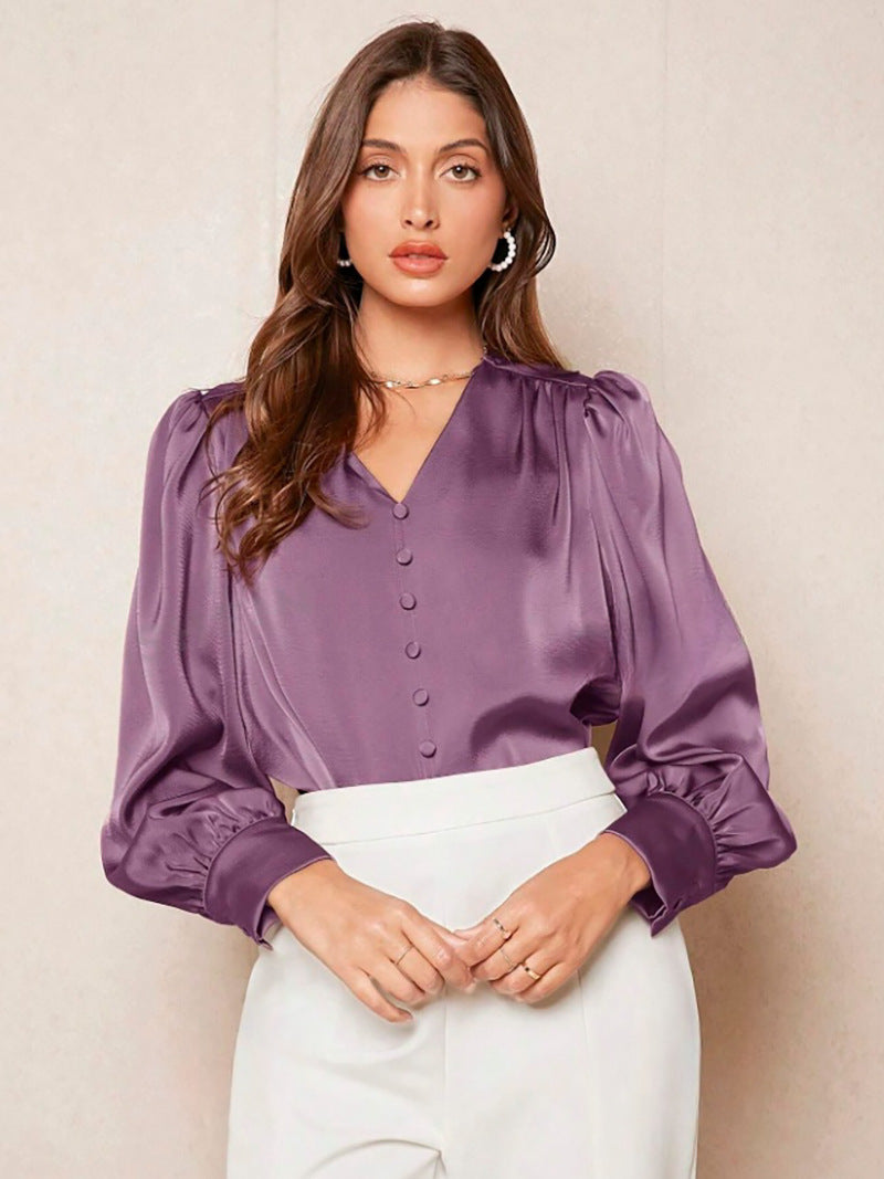 V neck Pullover Top Shirt Women Satin Office Top Women Clothing Direct